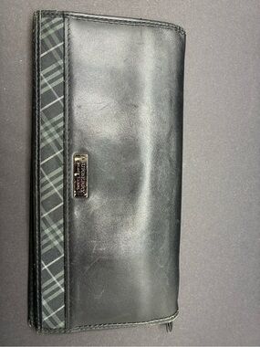 Burberry Black Leather Continental Wallet with Green Check Trim
